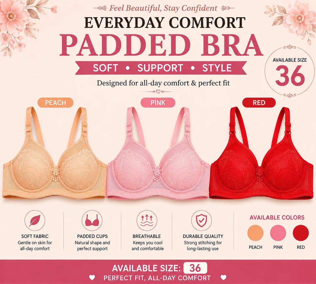 Women's Soft Padded Lace Bra – Everyday Comfort & Full Support (Sizes 36 & 42)