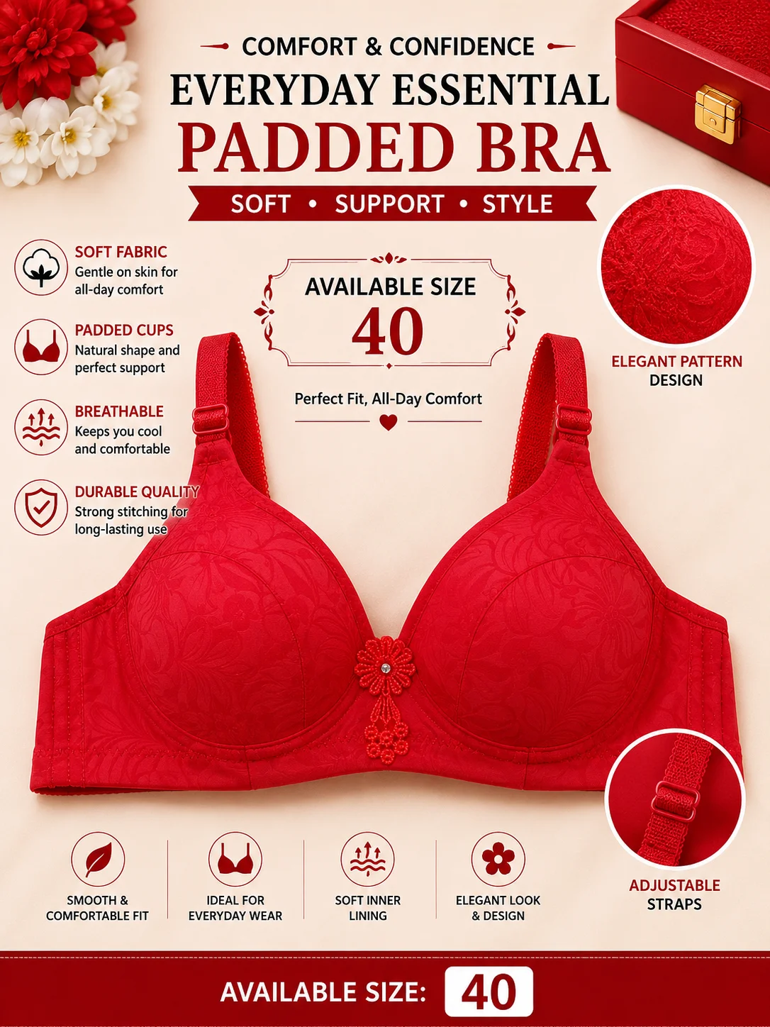 Women's Premium Red Padded Bra – Soft Breathable Everyday Wear | Size 40