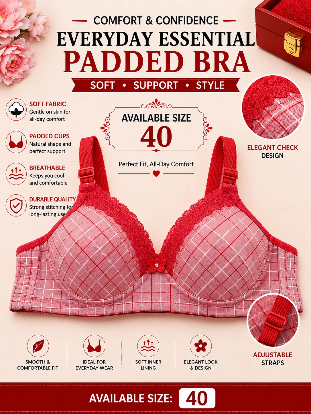 Women's Red Printed Padded Bra – Soft & Comfortable | Size 40