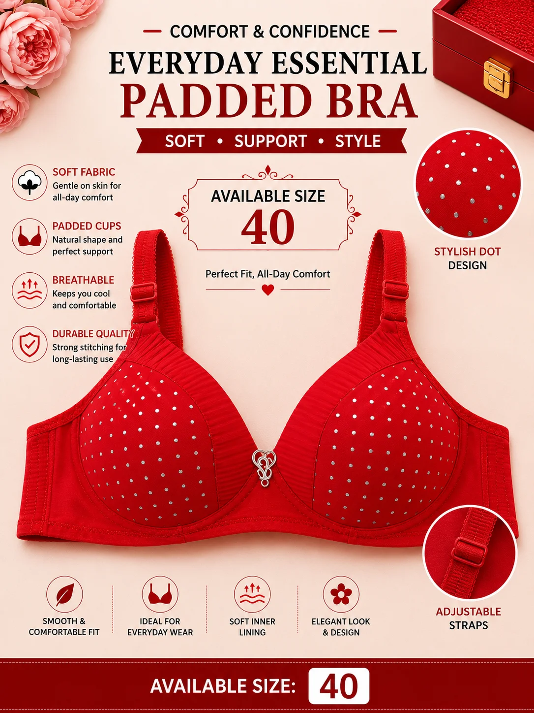 Women's Red Rhinestone Padded Bra – Soft Everyday Comfort | Size 40