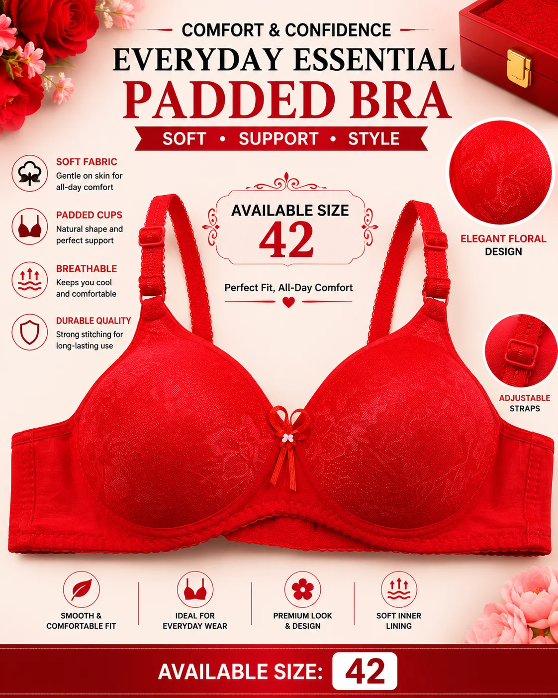 Everyday Essential Padded Bra – Soft Floral Lace, Comfortable Support | Size 42