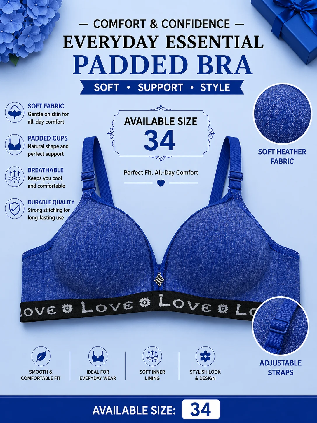 Women's Everyday Comfort Padded Bra – Soft Stretch Wireless Bra (Red, Blue & Dark Grey)