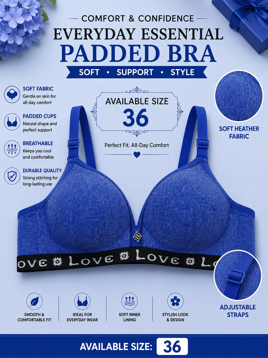 Women's Everyday Comfort Padded Bra – Soft Stretch Wireless Bra (Red, Blue & Dark Grey)