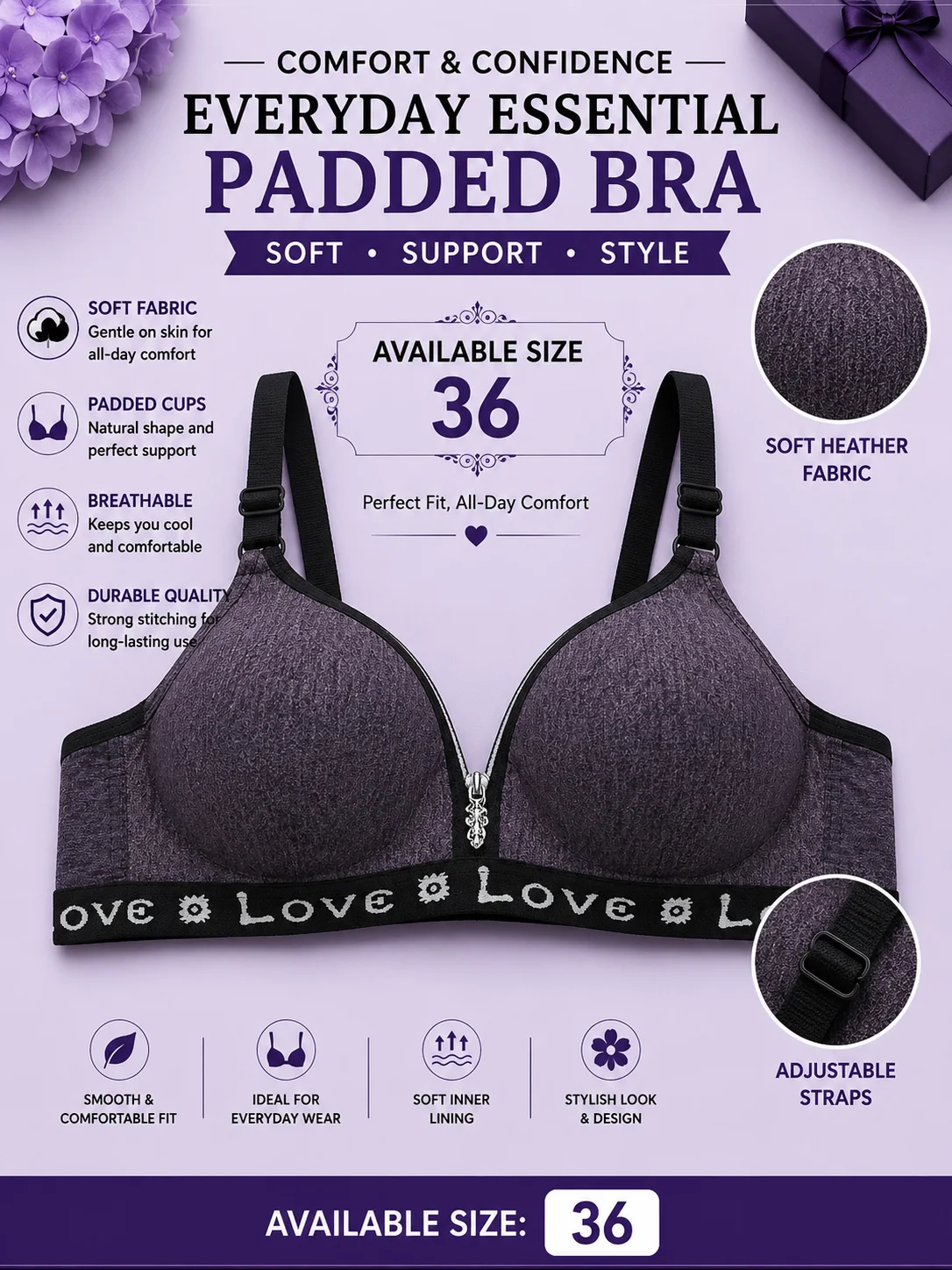 Women's Everyday Comfort Padded Bra – Soft Stretch Wireless Bra (Red, Blue & Dark Grey)