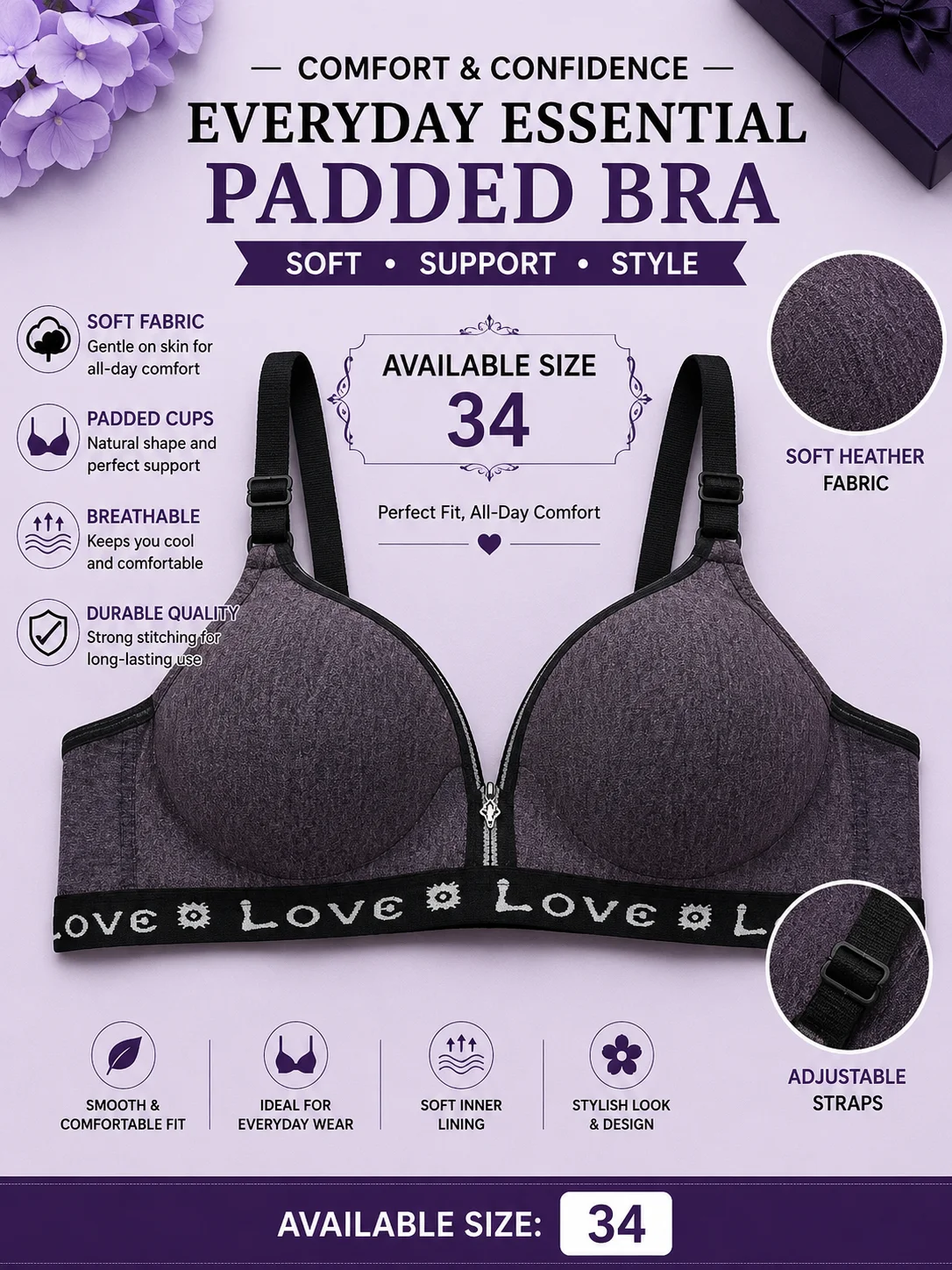 Women's Everyday Comfort Padded Bra – Soft Stretch Wireless Bra (Red, Blue & Dark Grey)