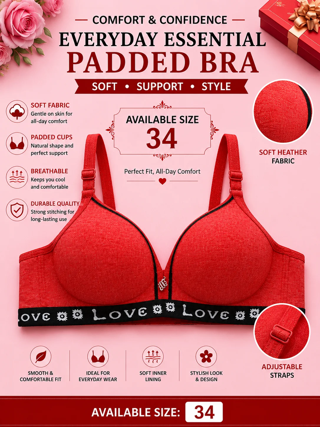 Women's Everyday Comfort Padded Bra – Soft Stretch Wireless Bra (Red, Blue & Dark Grey)