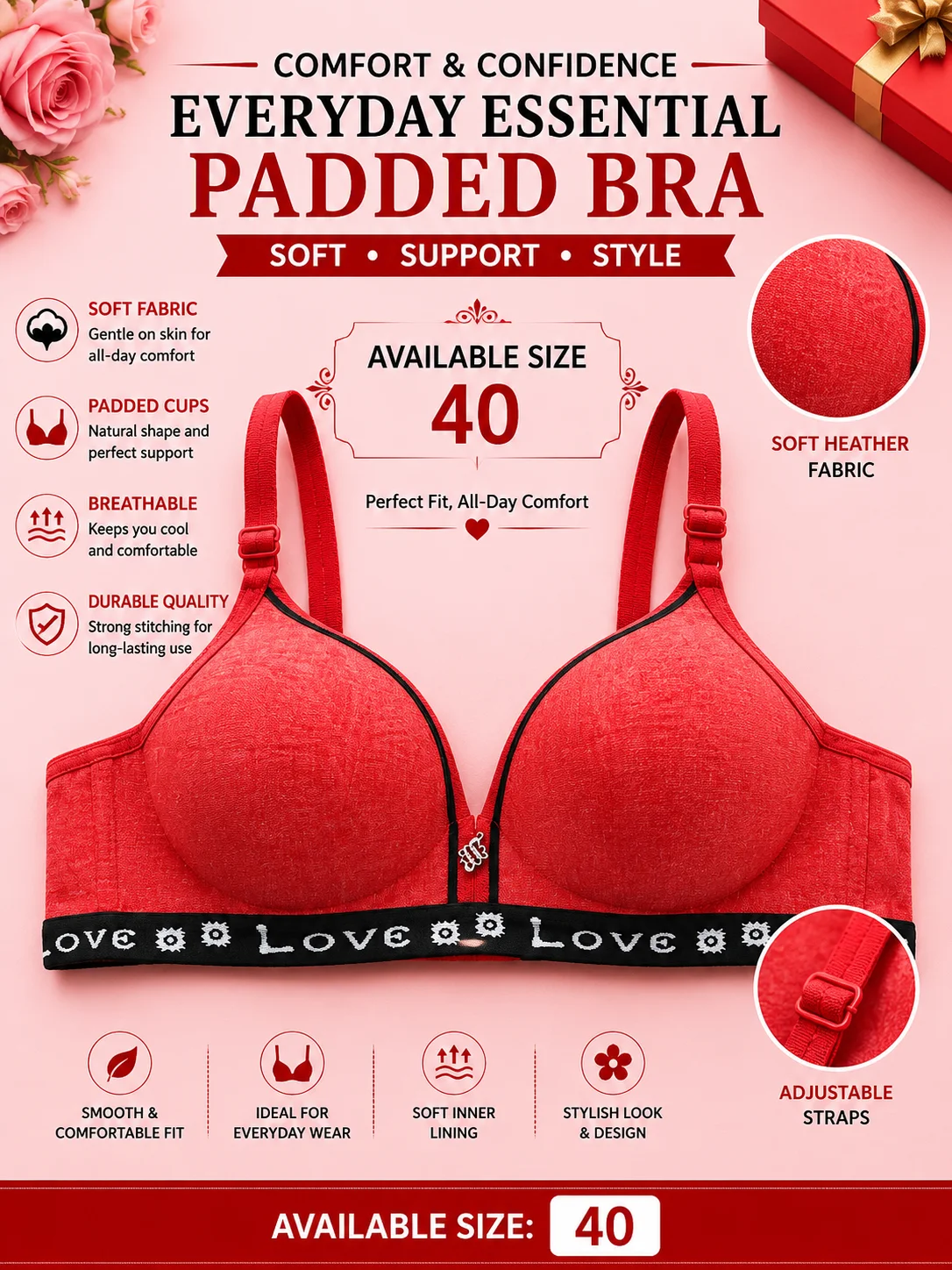 Women's Everyday Comfort Padded Bra – Soft Stretch Wireless Bra (Red, Blue & Dark Grey)