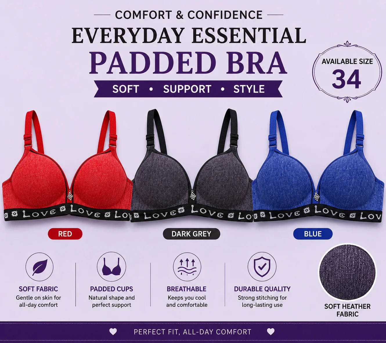 Women's Everyday Comfort Padded Bra – Soft Stretch Wireless Bra (Red, Blue & Dark Grey)