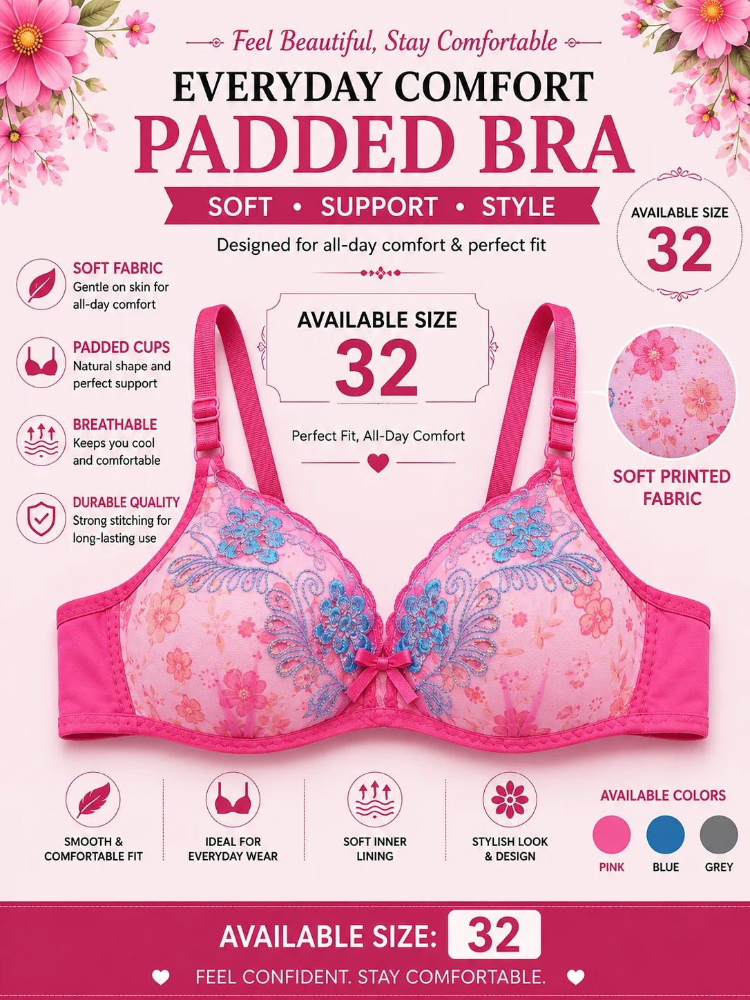 Women's Soft Padded Printed Bra – Everyday Comfort | Available Sizes 32, 34 & 36