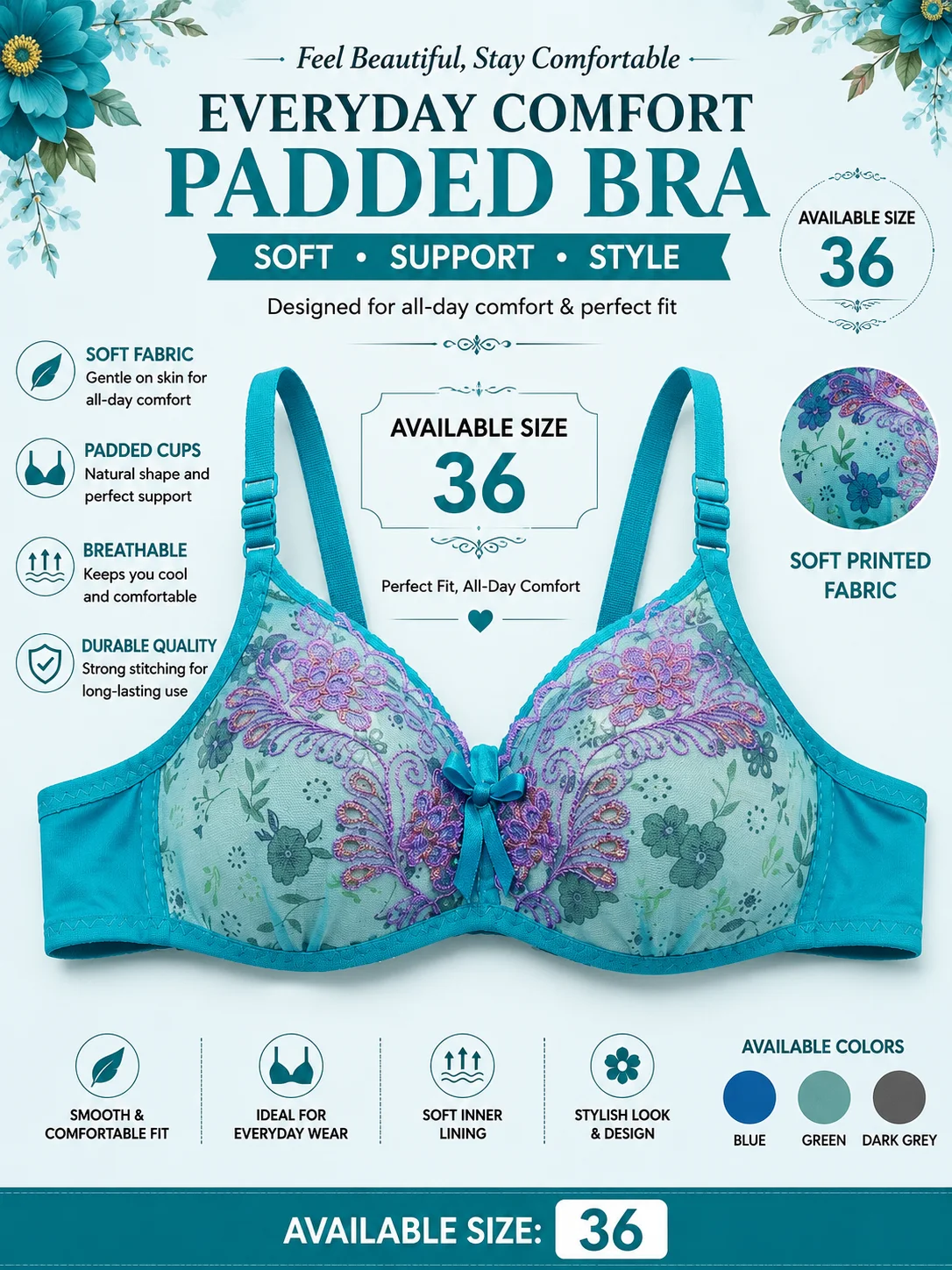 Women's Soft Padded Printed Bra – Everyday Comfort | Available Sizes 32, 34 & 36