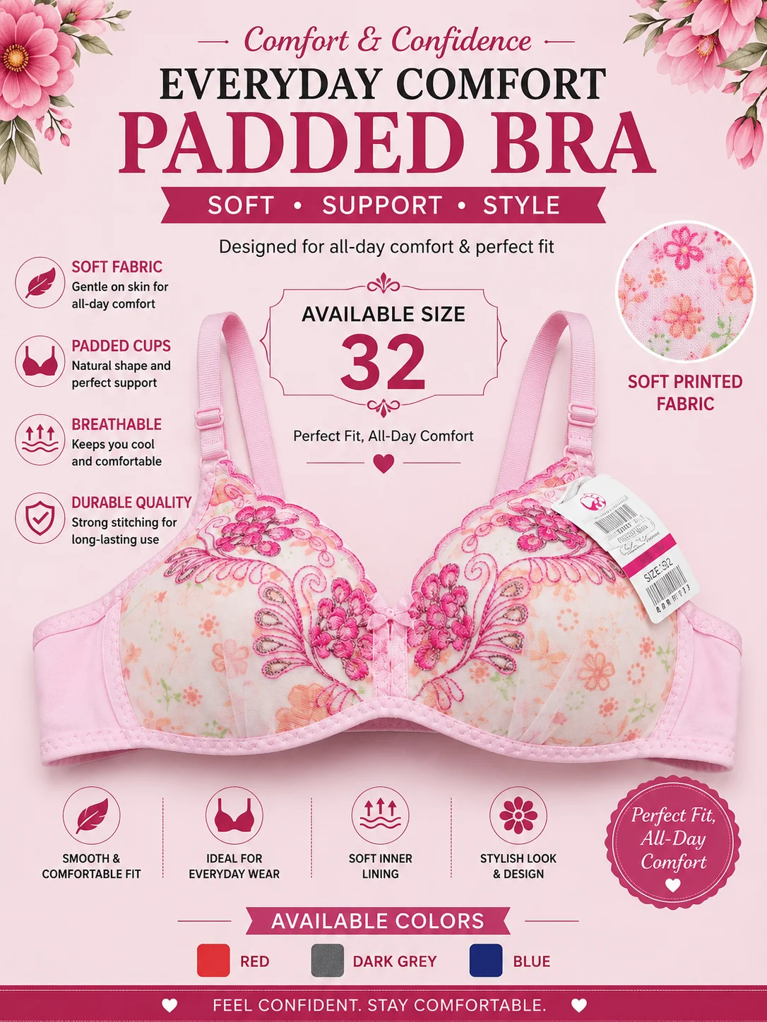 Women's Soft Padded Printed Bra – Everyday Comfort | Available Sizes 32, 34 & 36
