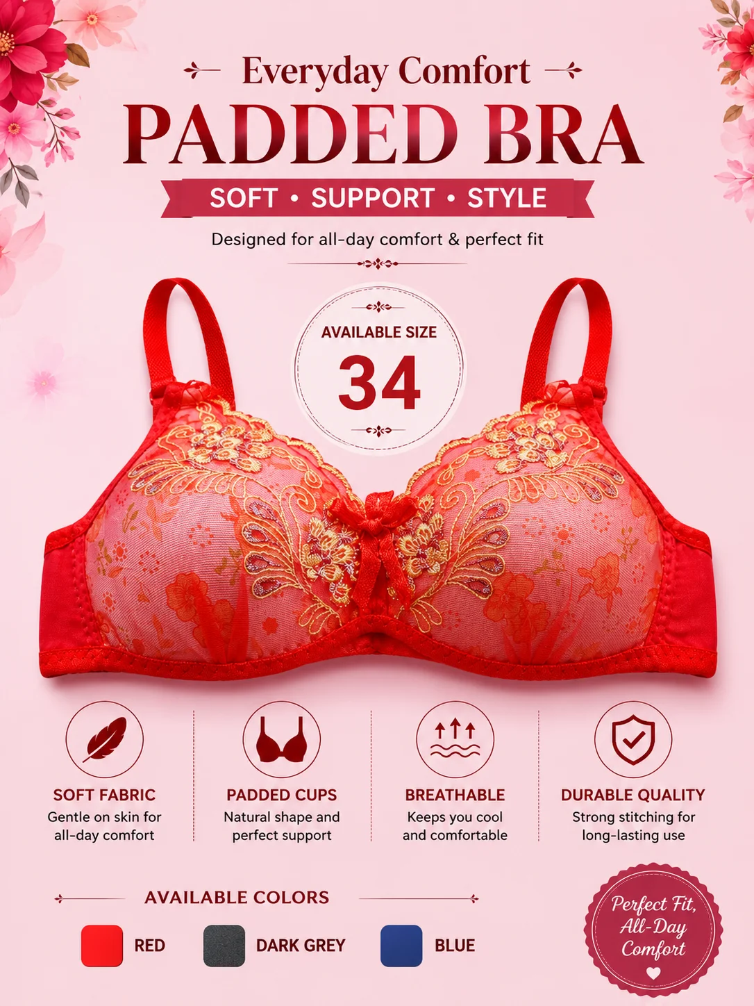 Women's Soft Padded Printed Bra – Everyday Comfort | Available Sizes 32, 34 & 36