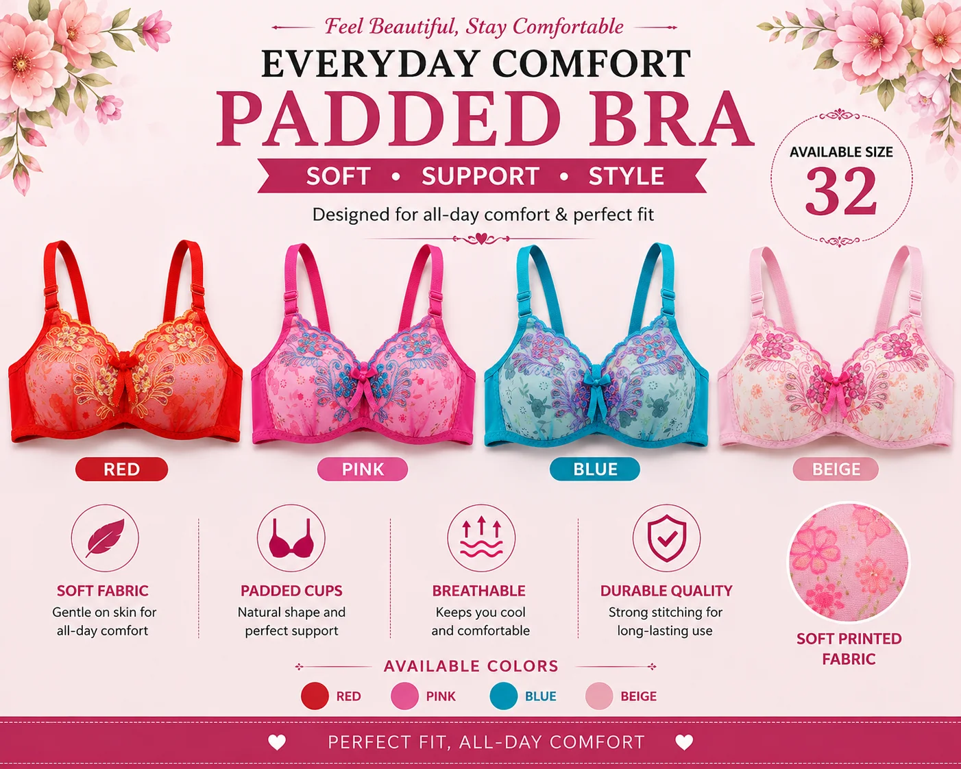 Women's Soft Padded Printed Bra – Everyday Comfort | Available Sizes 32, 34 & 36