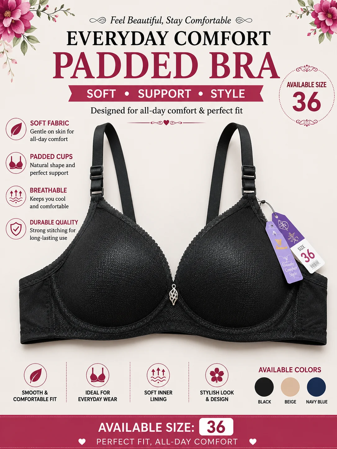 Women's Premium Black Padded Bra – Soft & Comfortable | Size 36