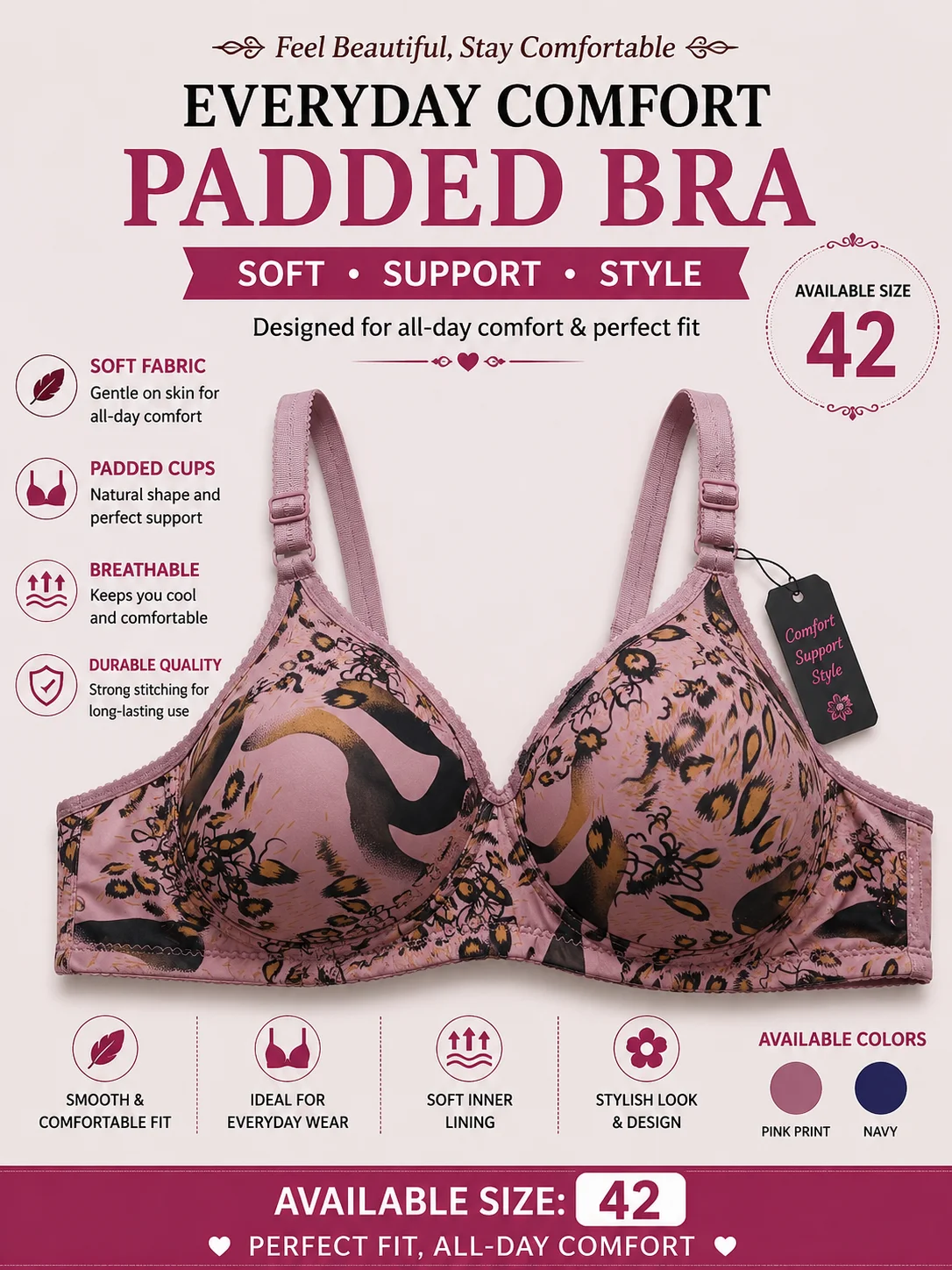 Women's Printed Padded Bra – Soft & Comfortable | Available Sizes 42 & 44