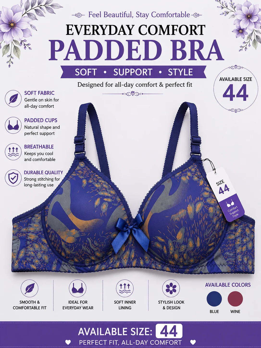 Women's Printed Padded Bra – Soft & Comfortable | Available Sizes 42 & 44