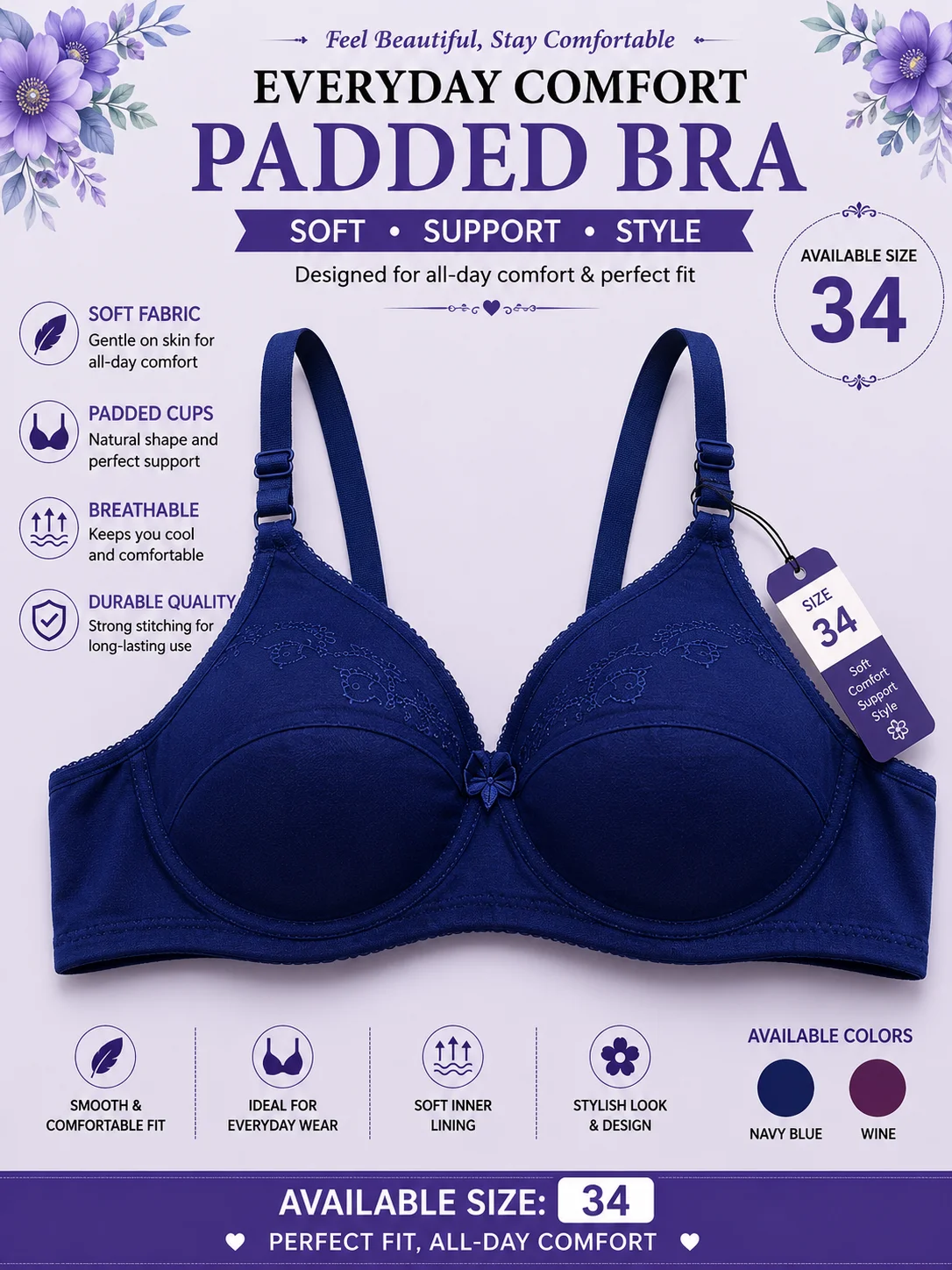 Women's Soft Cotton Padded Bra – Everyday Comfort | Available Sizes 34 & 36