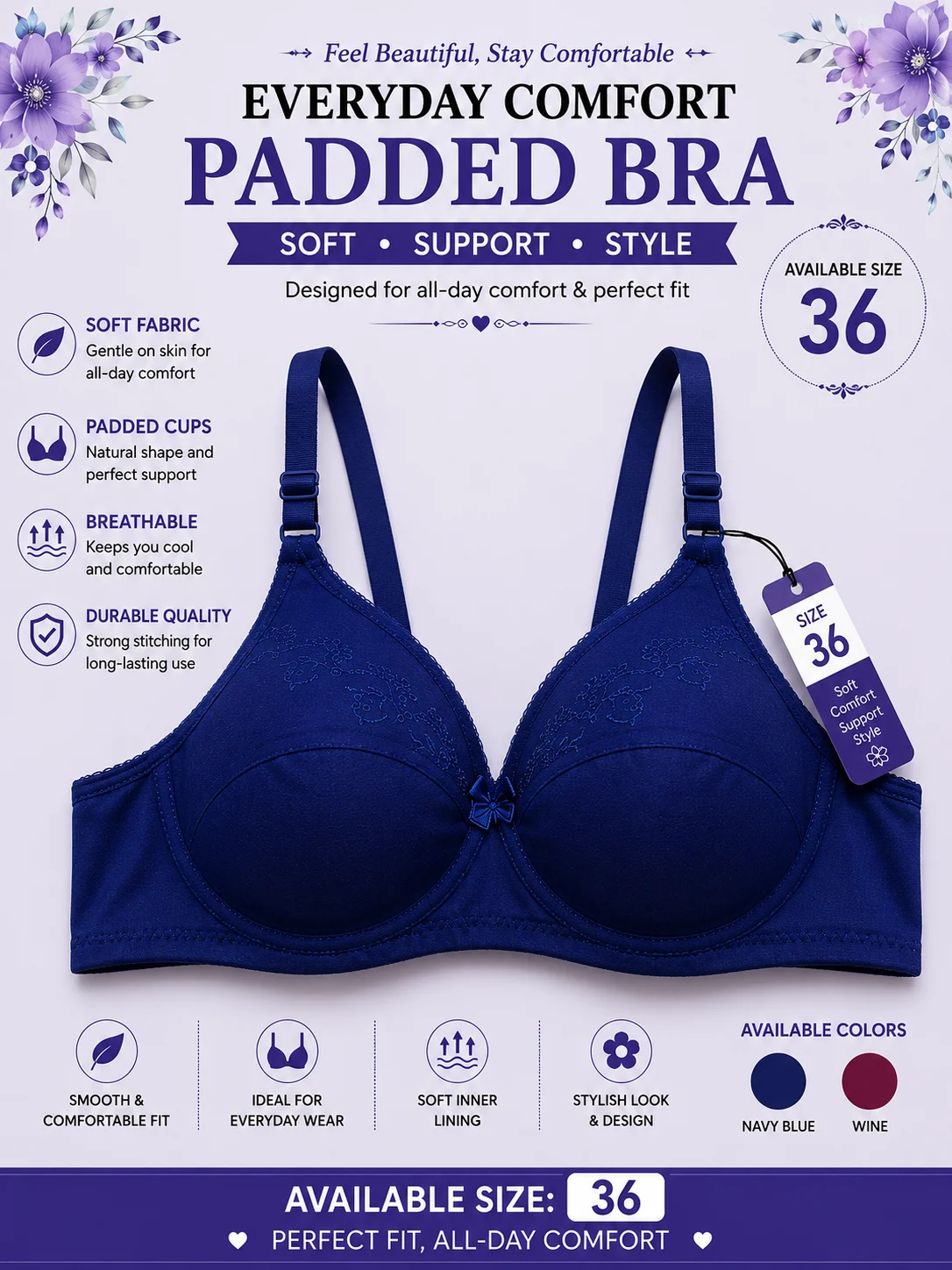 Women's Soft Cotton Padded Bra – Everyday Comfort | Available Sizes 34 & 36