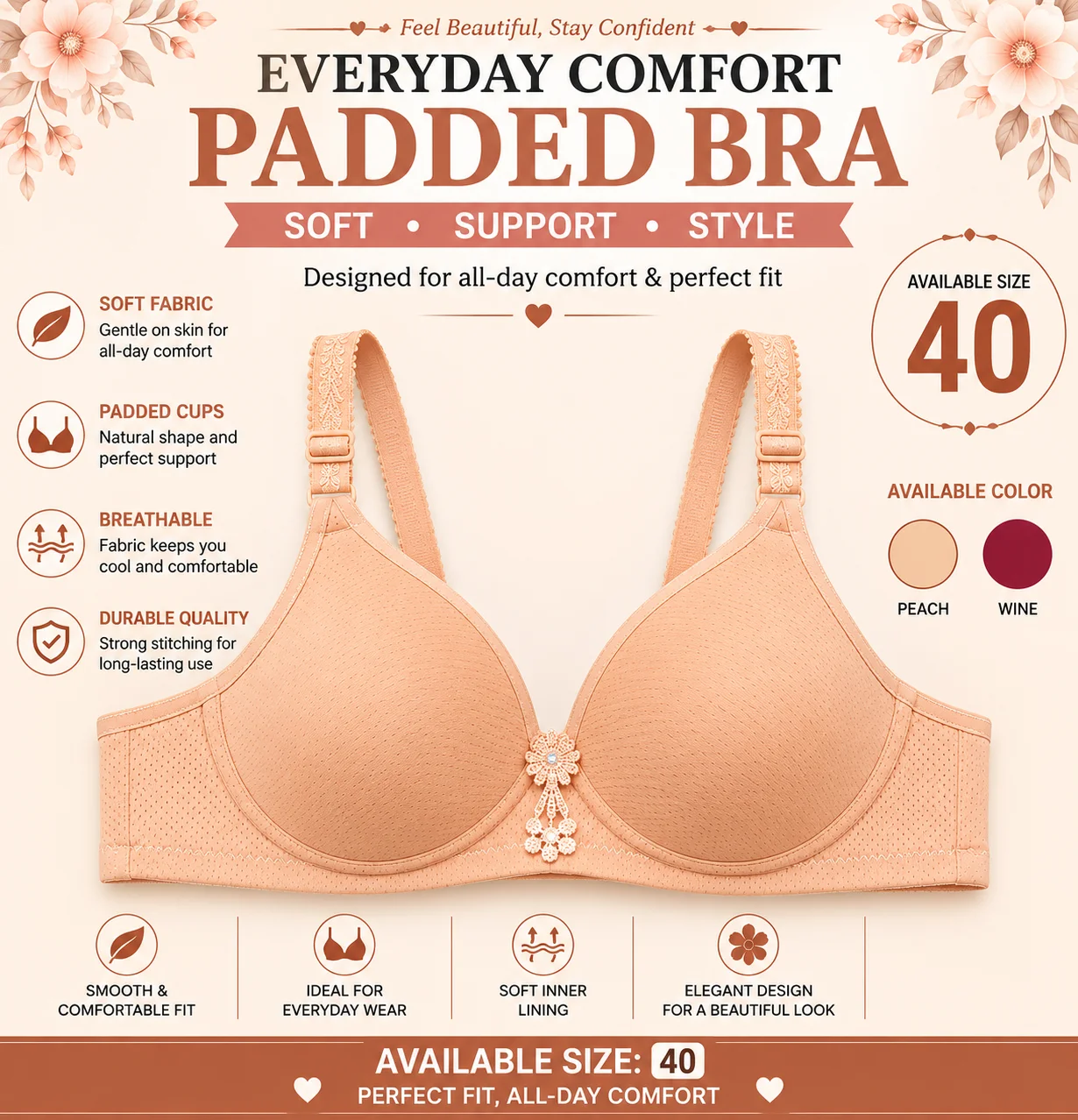 Women's Everyday Comfort Padded Bra – Soft, Breathable & Supportive | Available Sizes 40 & 42
