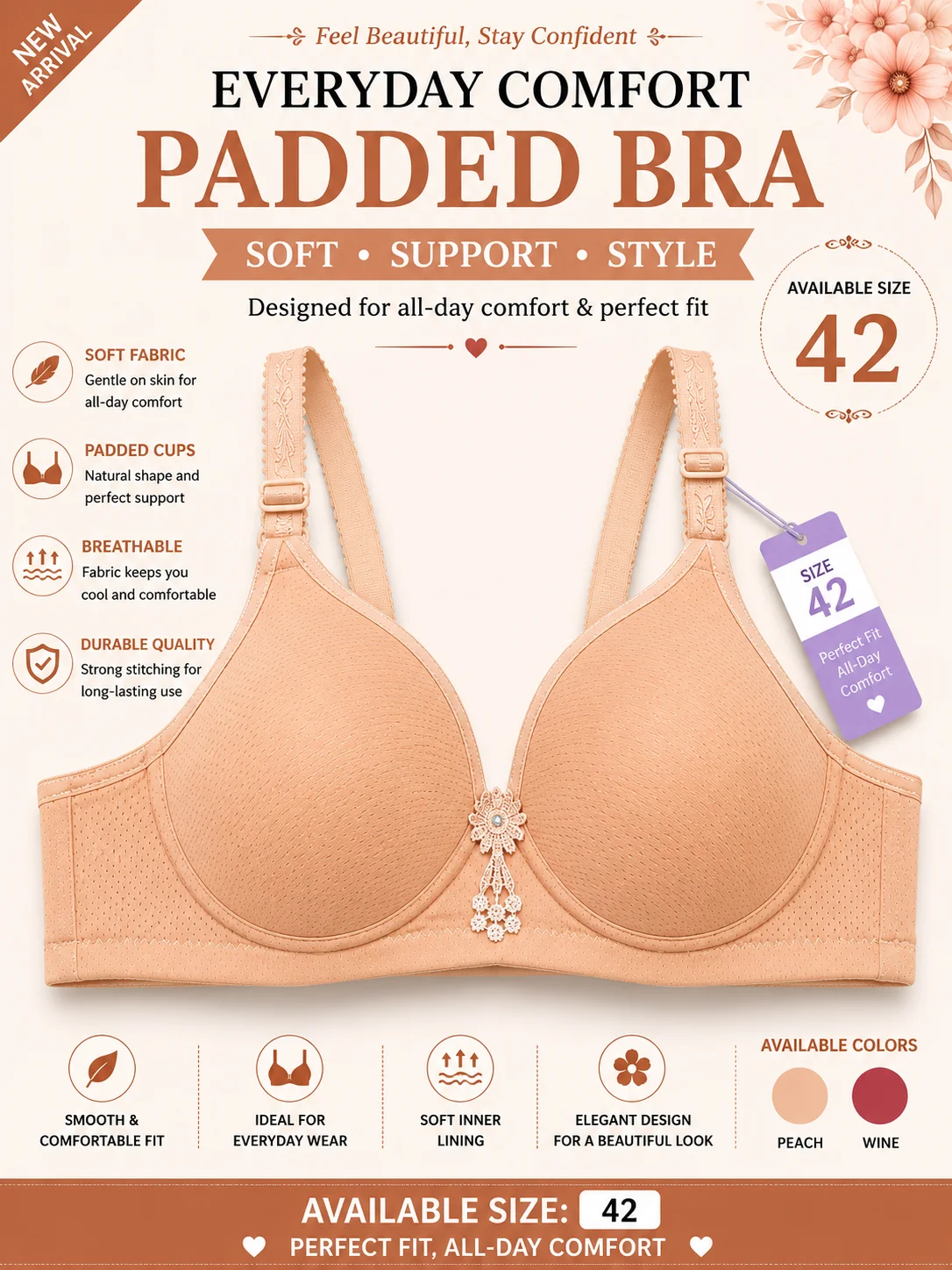 Women's Everyday Comfort Padded Bra – Soft, Breathable & Supportive | Available Sizes 40 & 42