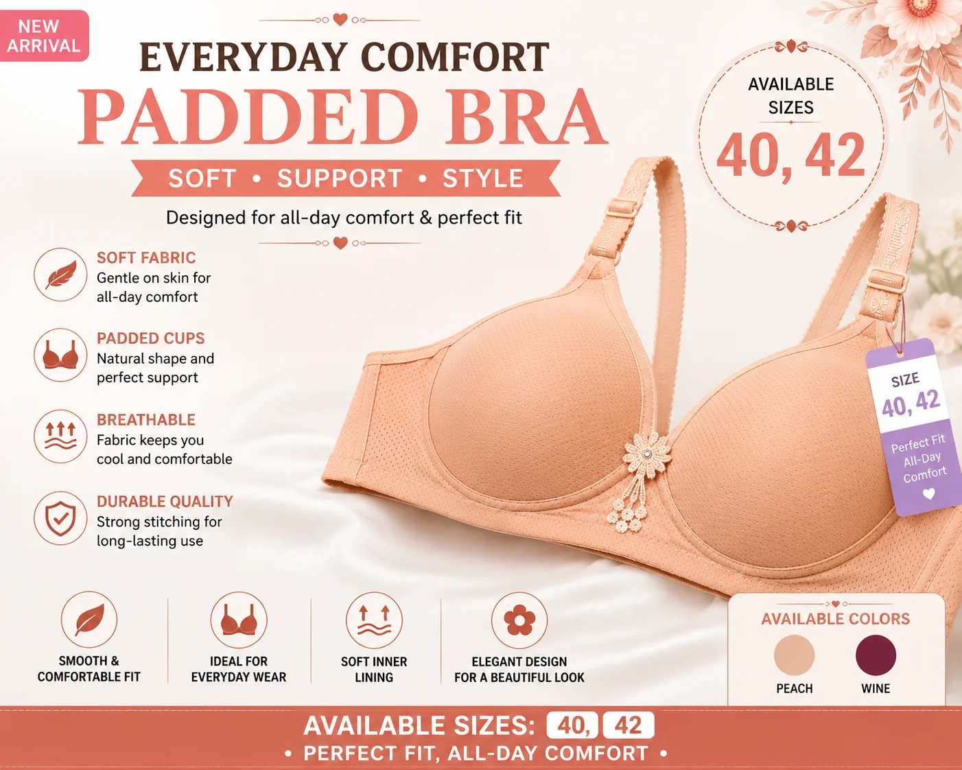 Women's Everyday Comfort Padded Bra – Soft, Breathable & Supportive | Available Sizes 40 & 42