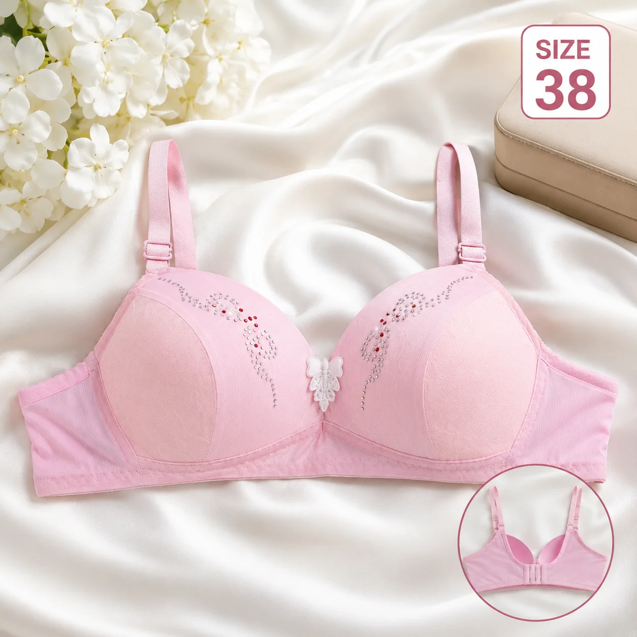 Women's Light Pink Padded Bra with Crystal Design – Size 38