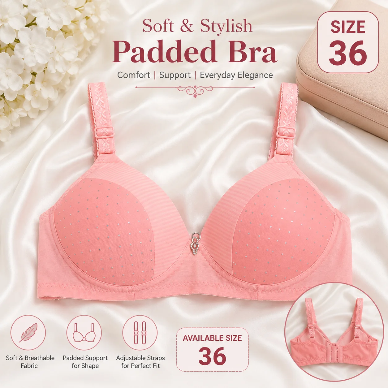 Women's Soft Padded Bra with Crystal Stud Design – Size 36