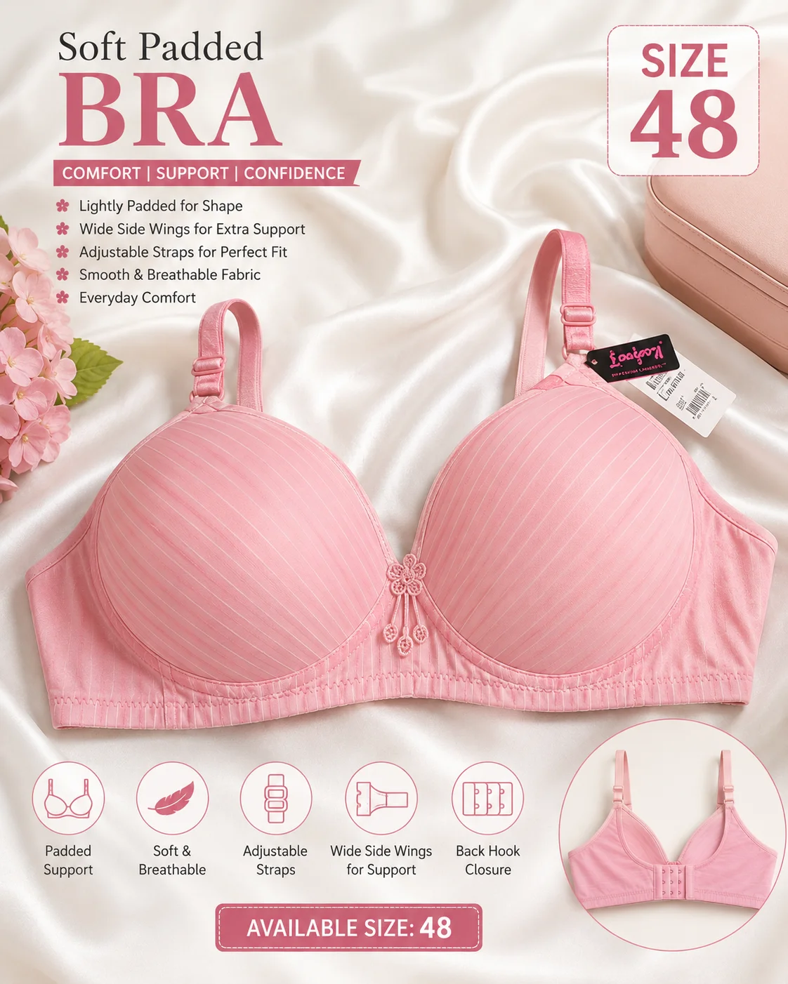 Women's Soft Padded Everyday Bra – Light Pink | Size 48