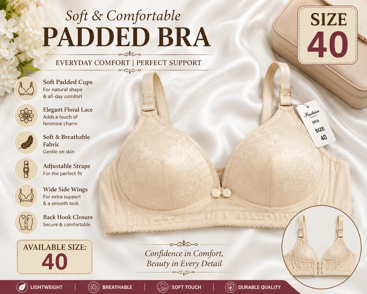 Women's Premium Front Open Padded Bra – Skin Beige | Available Sizes 40 & 42