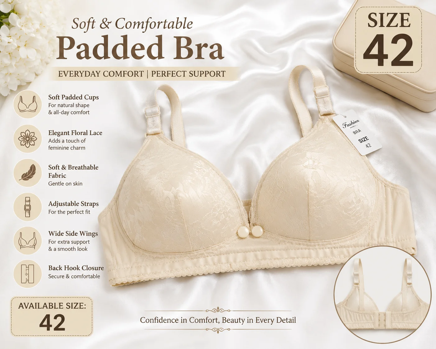 Women's Premium Front Open Padded Bra – Skin Beige | Available Sizes 40 & 42