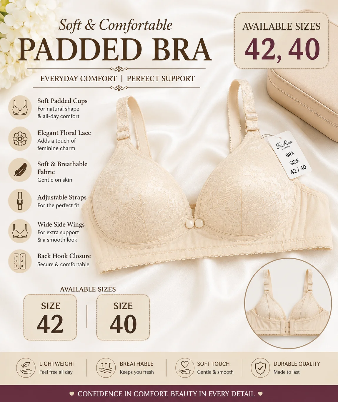 Women's Premium Front Open Padded Bra – Skin Beige | Available Sizes 40 & 42