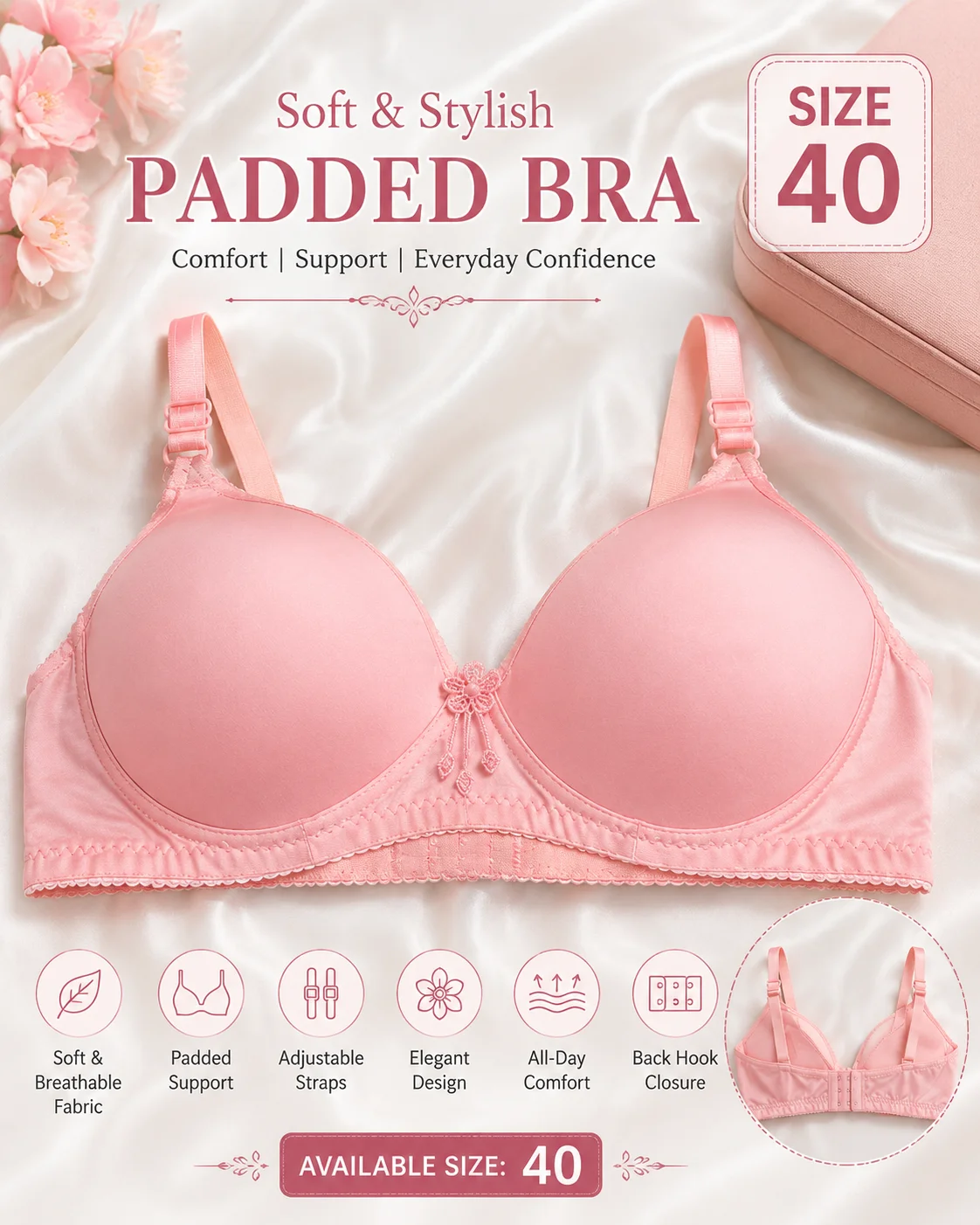 Women's Smooth Padded Everyday Bra – Baby Pink | Size 40