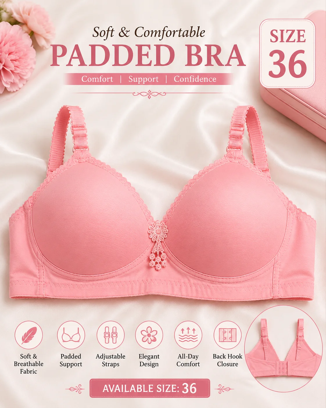 Women's Soft Padded Bra – Baby Pink | Size 36
