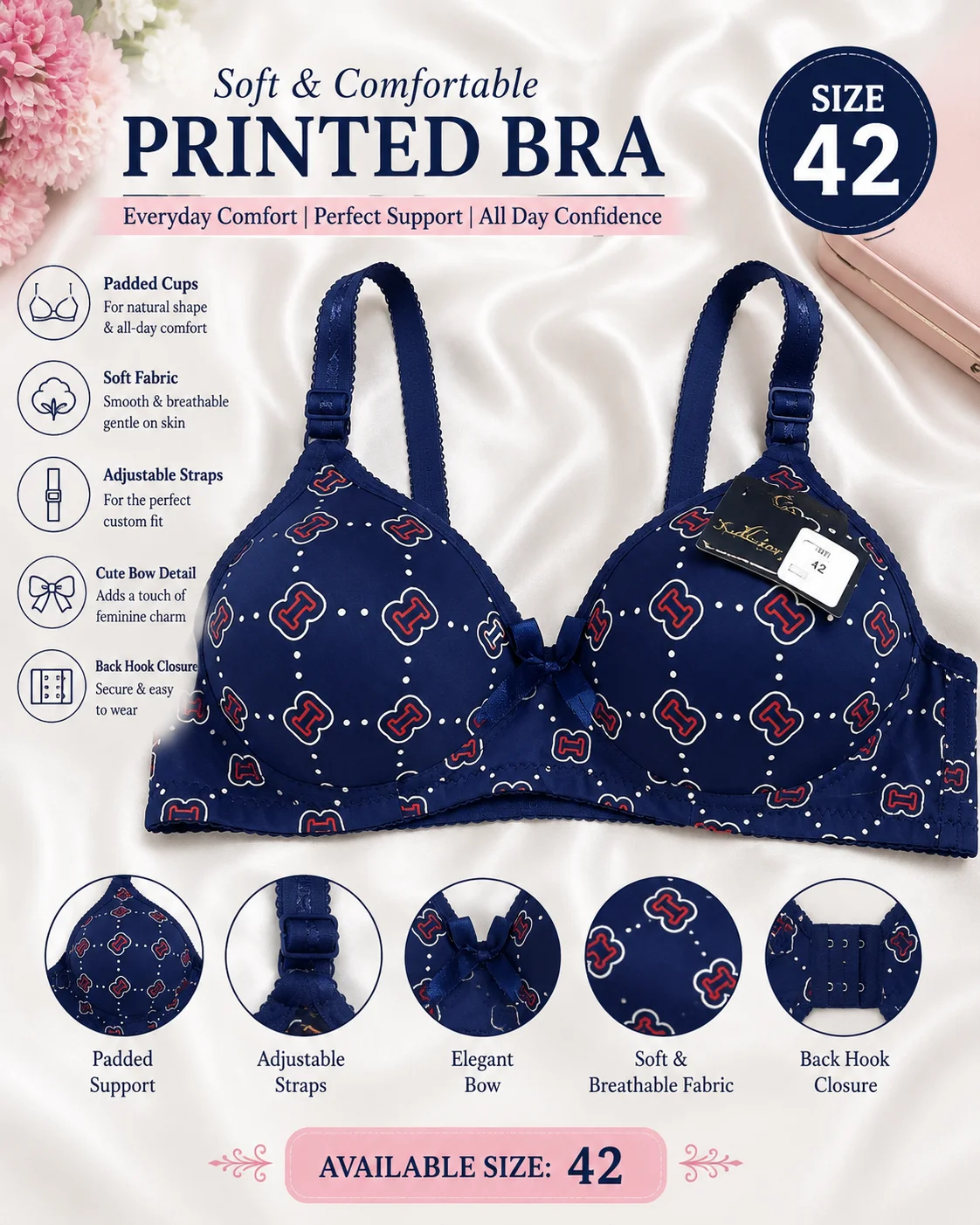 Women's Navy Blue Printed Padded Bra – Size 42