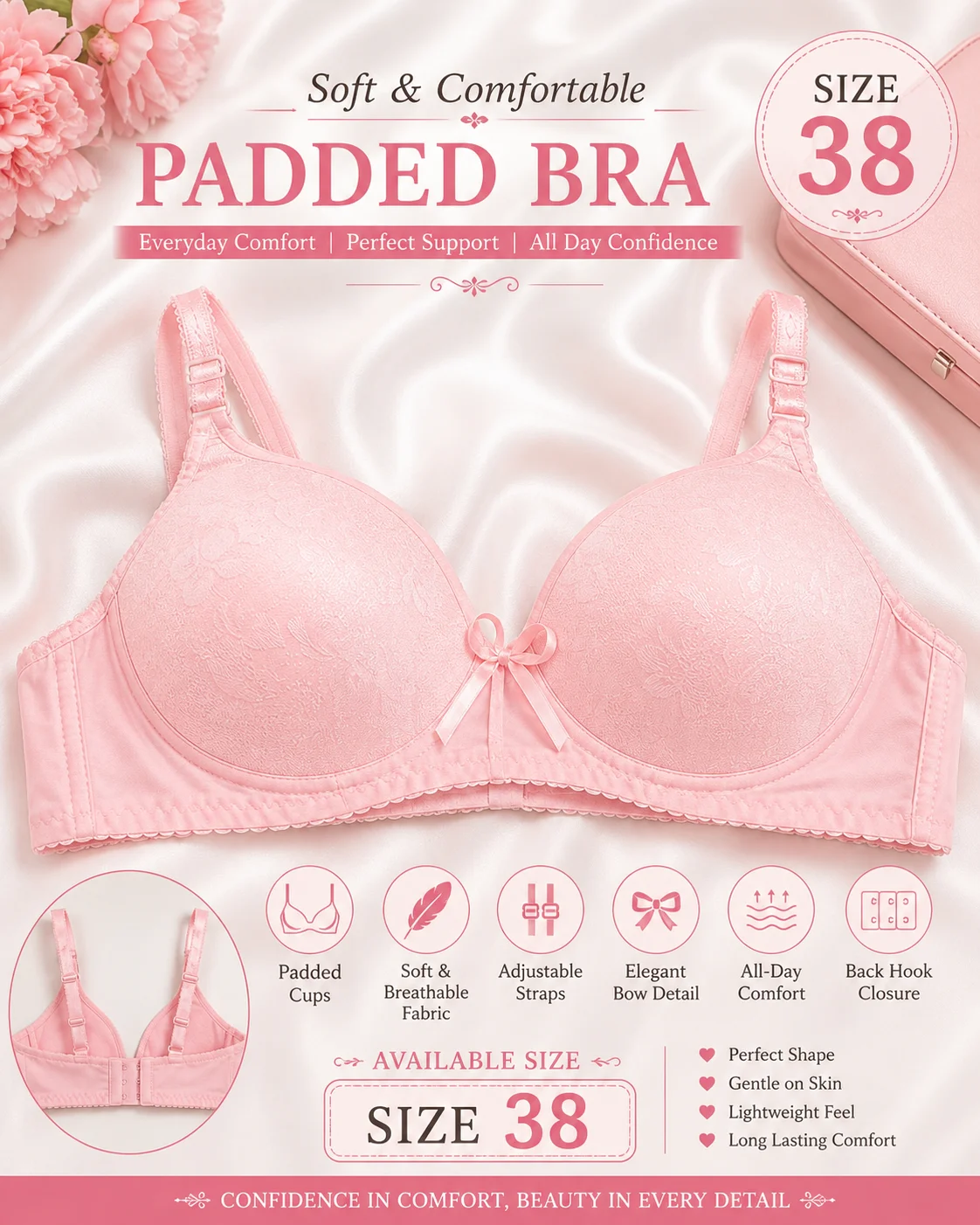 Women's Soft Padded Floral Bra – Baby Pink | Size 38