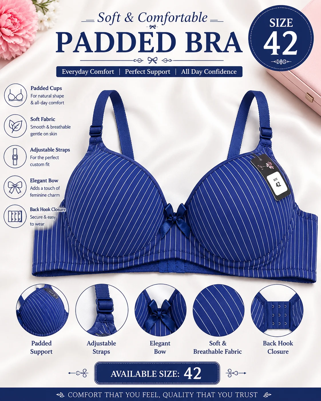 Women's Navy Blue Striped Padded Bra – Size 42