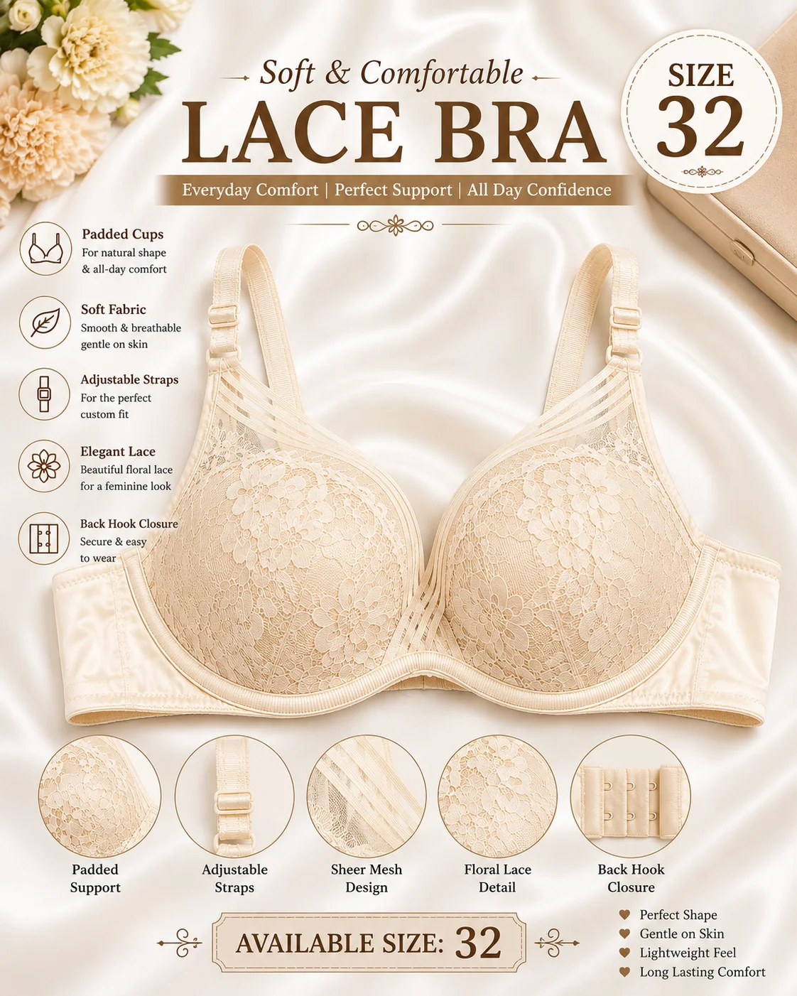 Women's Premium Lace Bra – Skin Beige | Available Sizes 32 & 36