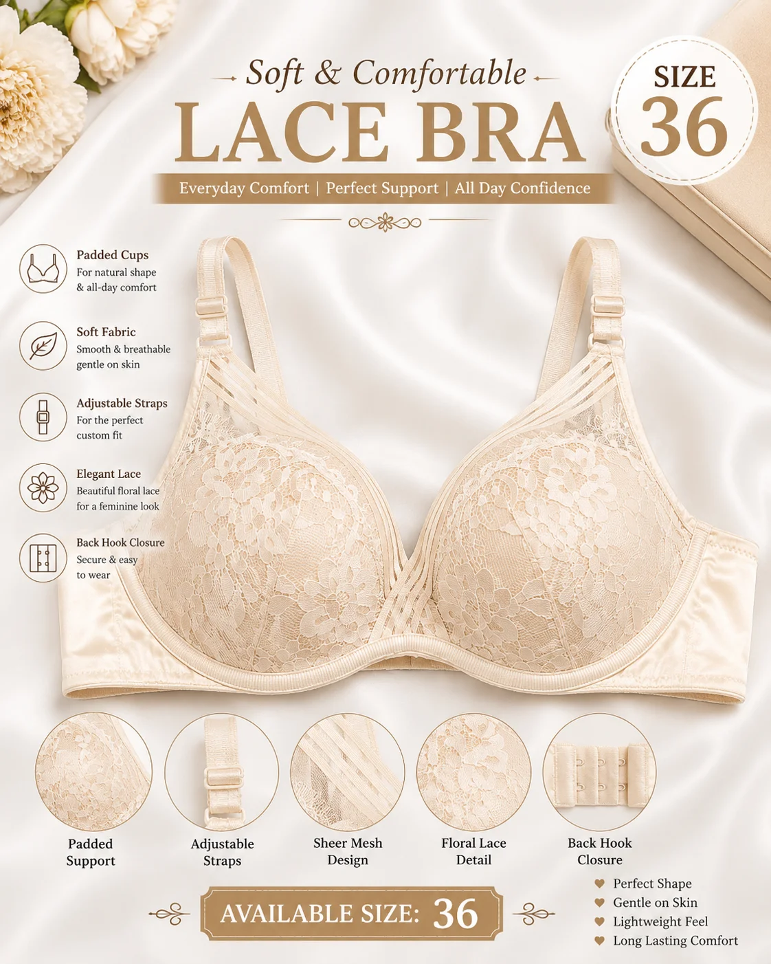 Women's Premium Lace Bra – Skin Beige | Available Sizes 32 & 36
