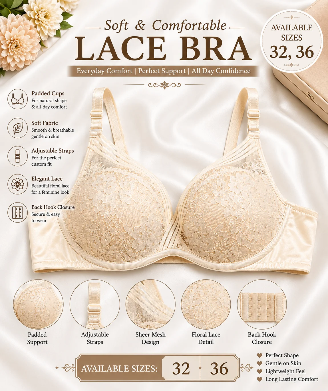 Women's Premium Lace Bra – Skin Beige | Available Sizes 32 & 36