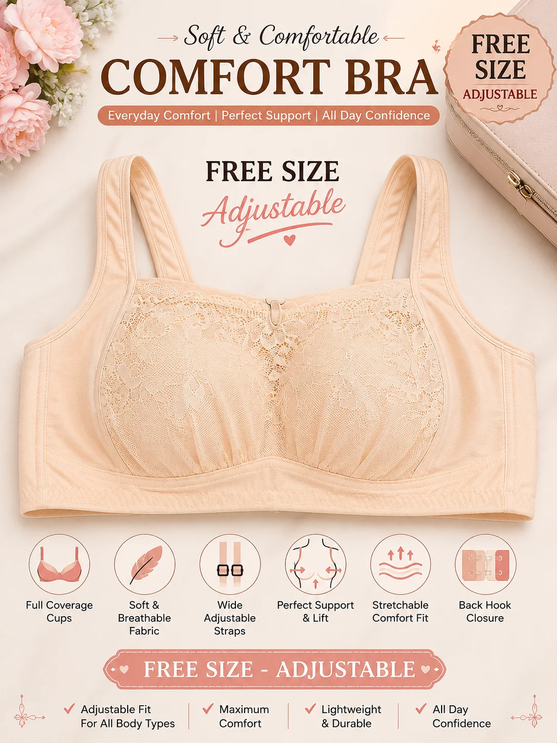 Free Size Adjustable Comfort Lace Bra – 3 Colors Combo (Black, Pink & Skin)