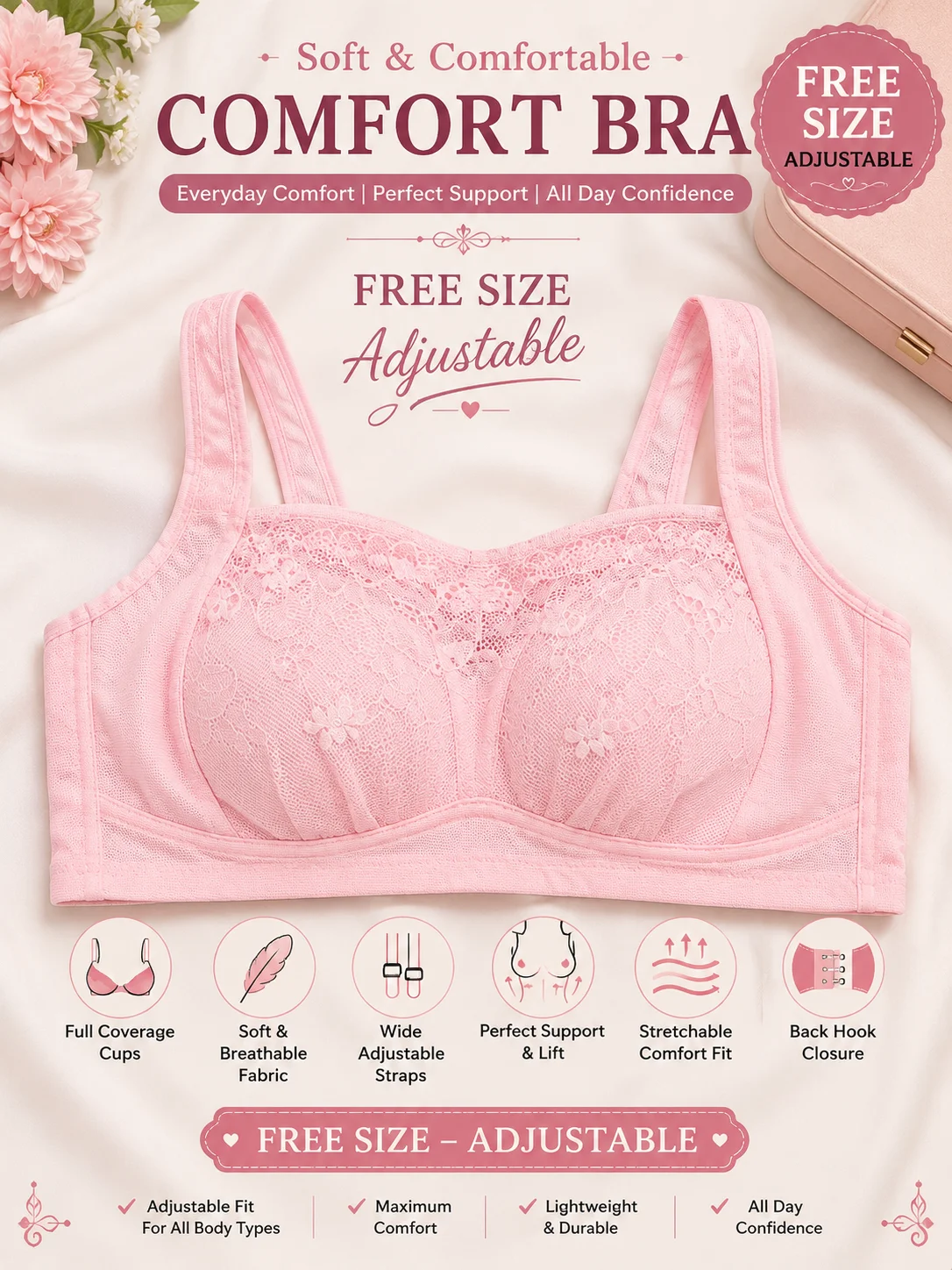 Free Size Adjustable Comfort Lace Bra – 3 Colors Combo (Black, Pink & Skin)