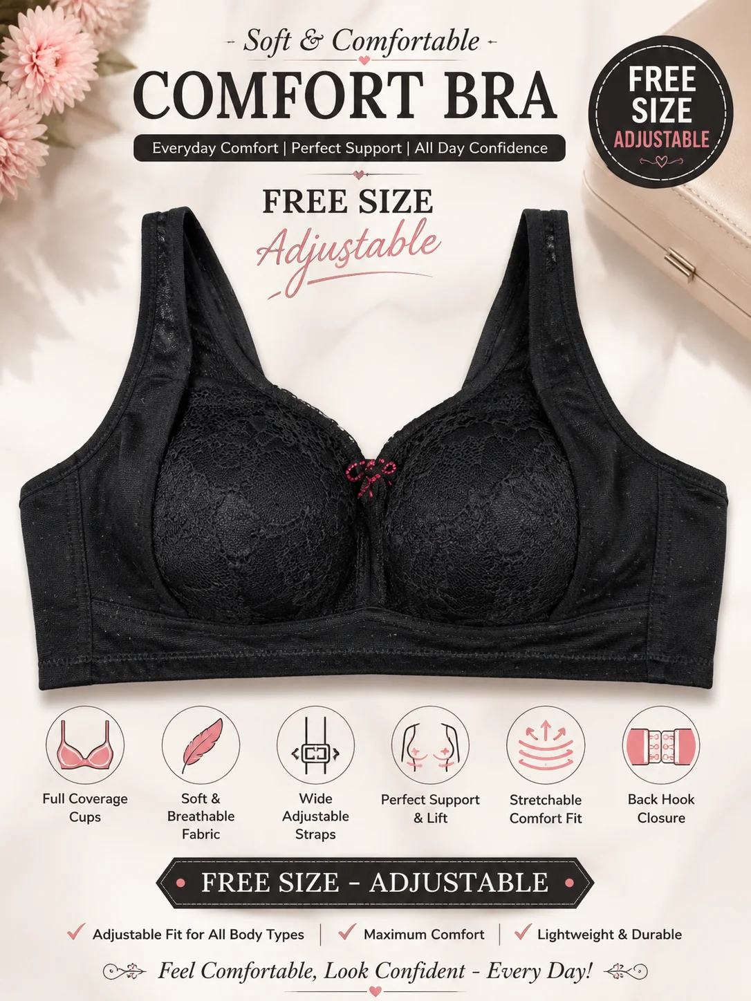 Free Size Adjustable Comfort Lace Bra – 3 Colors Combo (Black, Pink & Skin)