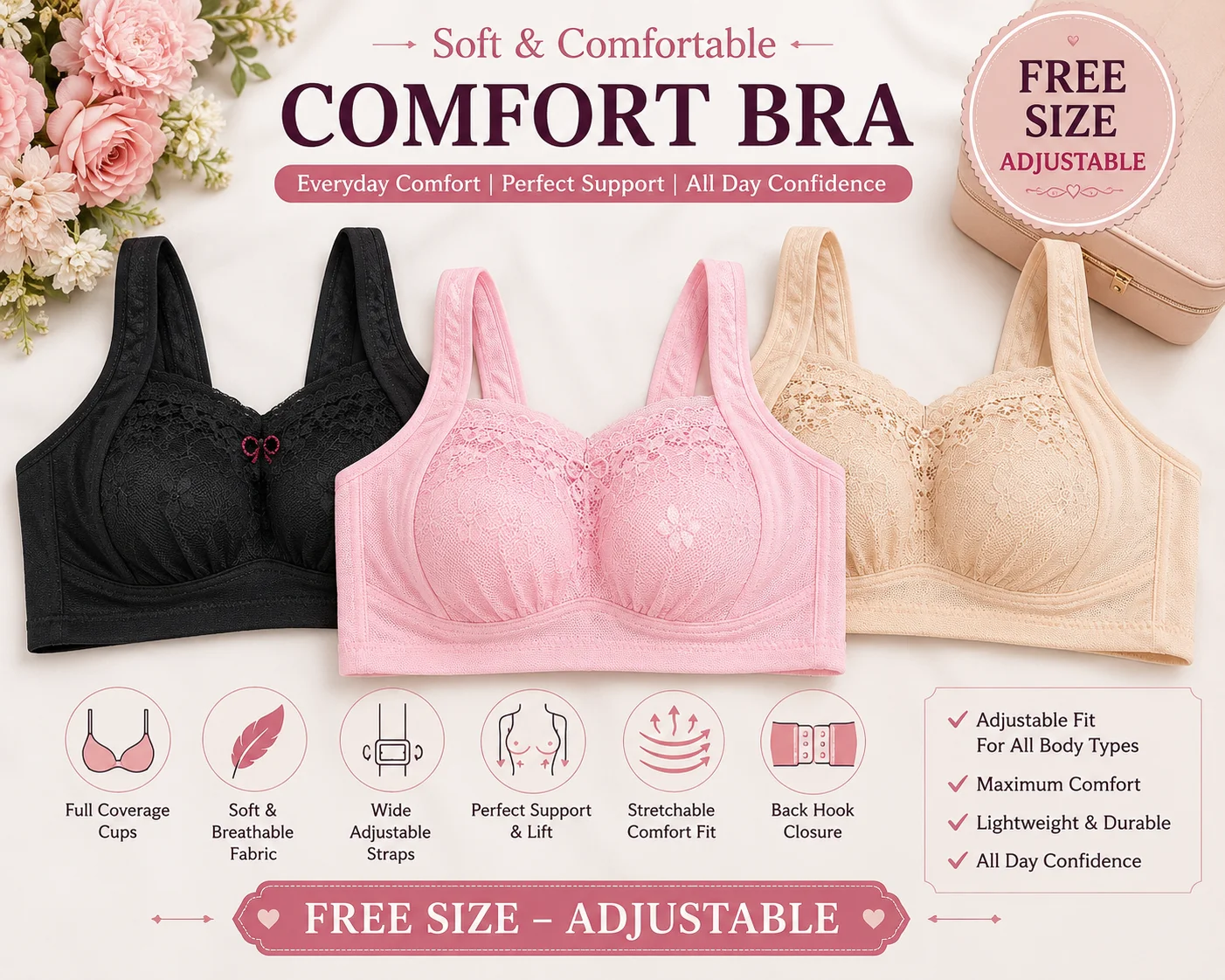 Free Size Adjustable Comfort Lace Bra – 3 Colors Combo (Black, Pink & Skin)