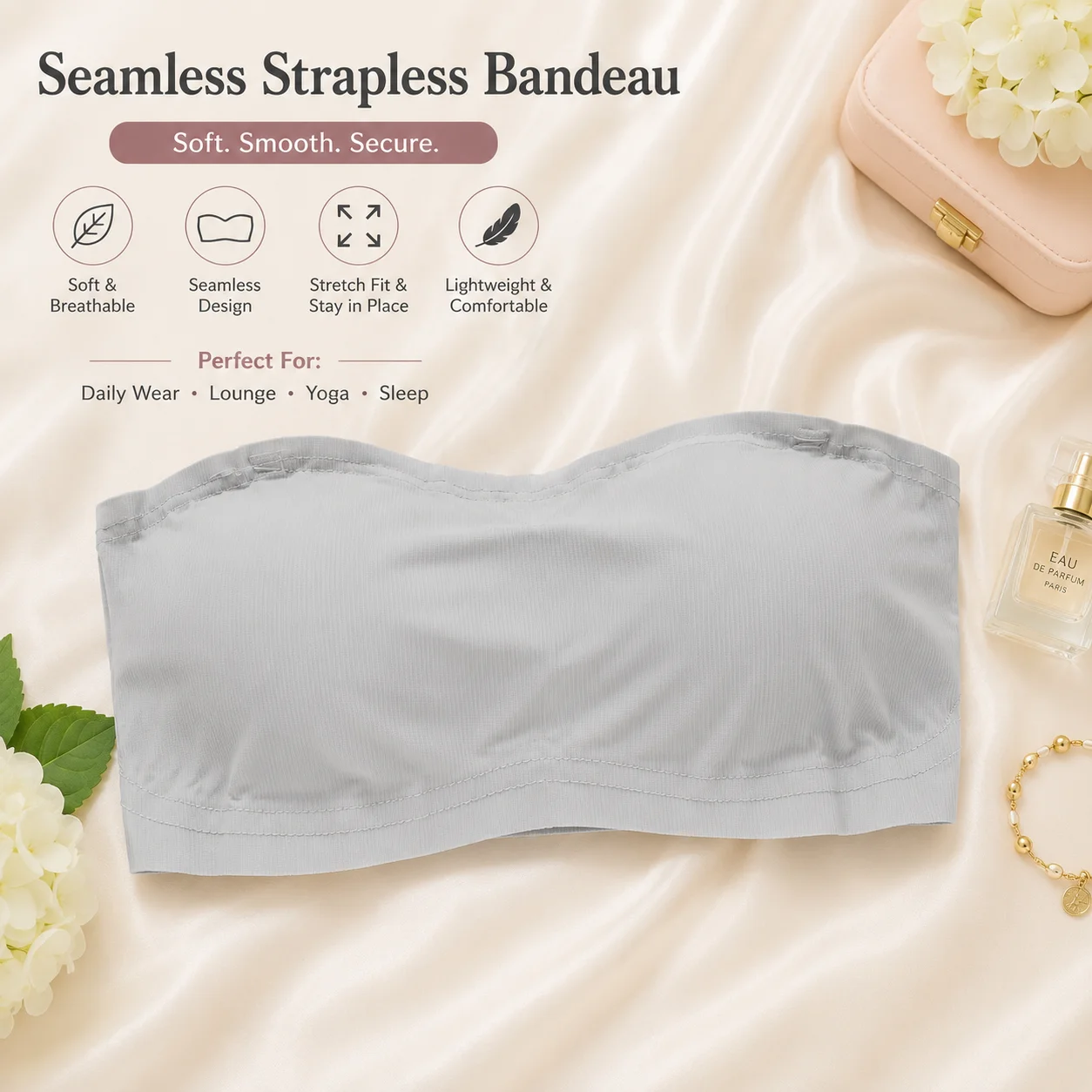Women's Seamless Strapless Bandeau Bra – Light Grey