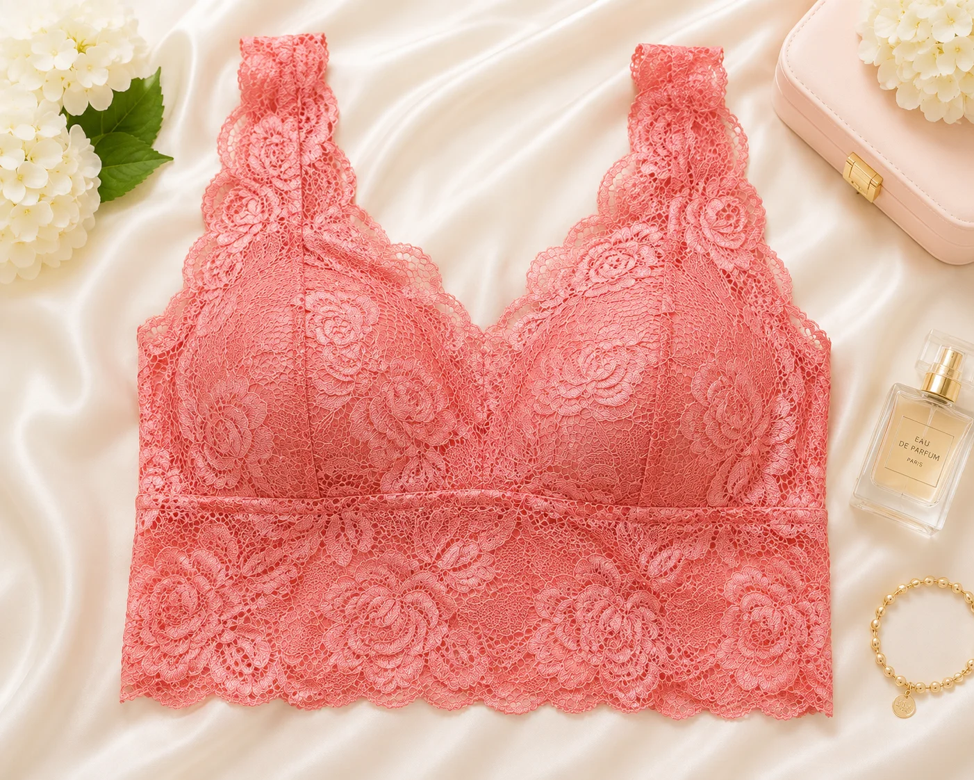 Elegant Floral Lace Longline Bralette – Coral Pink
