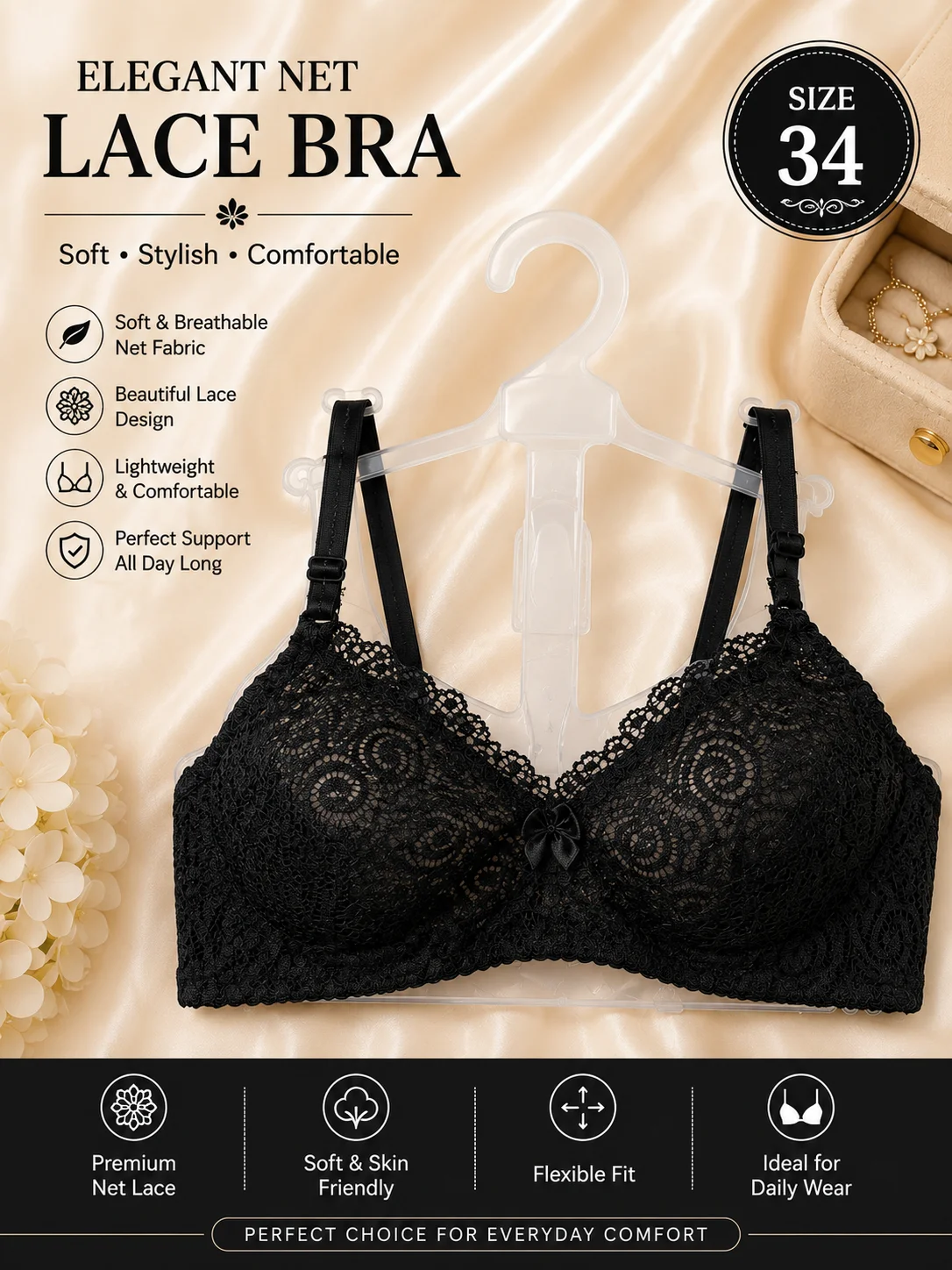 Premium Net Lace Bra for Women – Soft & Comfortable | Available Sizes 32 & 34
