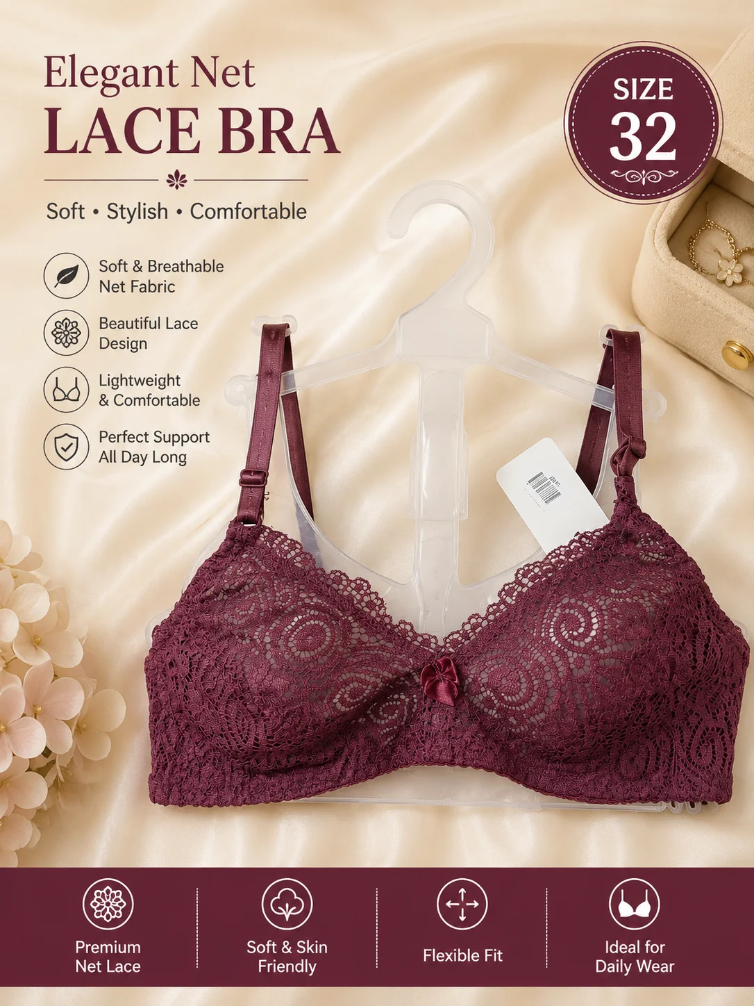 Premium Net Lace Bra for Women – Soft & Comfortable | Available Sizes 32 & 34