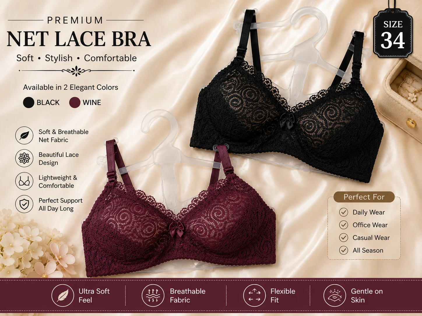 Premium Net Lace Bra for Women – Soft & Comfortable | Available Sizes 32 & 34