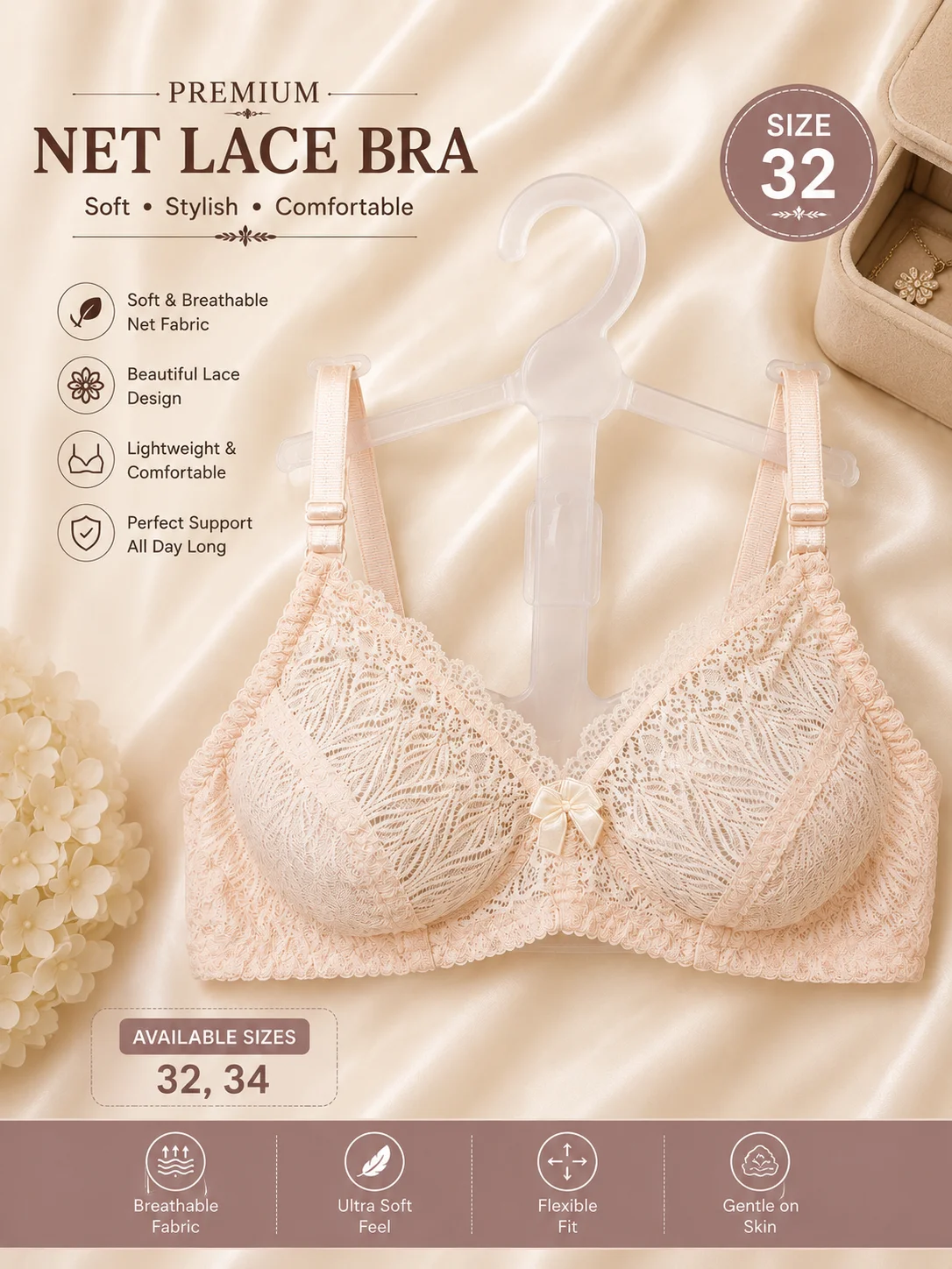 Premium Net Lace Bra for Women – Soft Comfort | Available Sizes 32 & 34