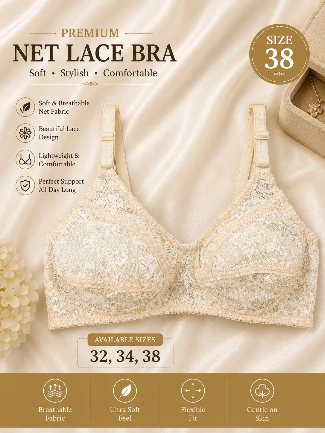 Premium Floral Net Bra for Women – Soft & Comfortable | Available Sizes 32 & 38